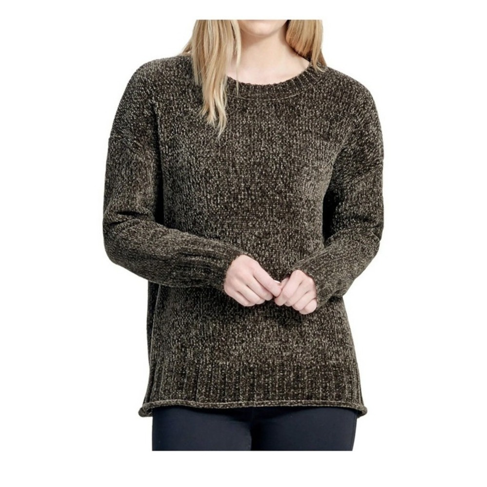 Seven7 Dark Olive Green Chenille Crew Neck Sweater Womens M Cozy Slouchy Grunge
